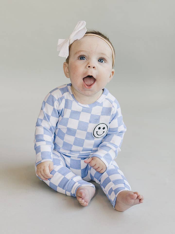 Checkered Smiley Lounge Set | Blue for wholesale by Lucky Panda Kids