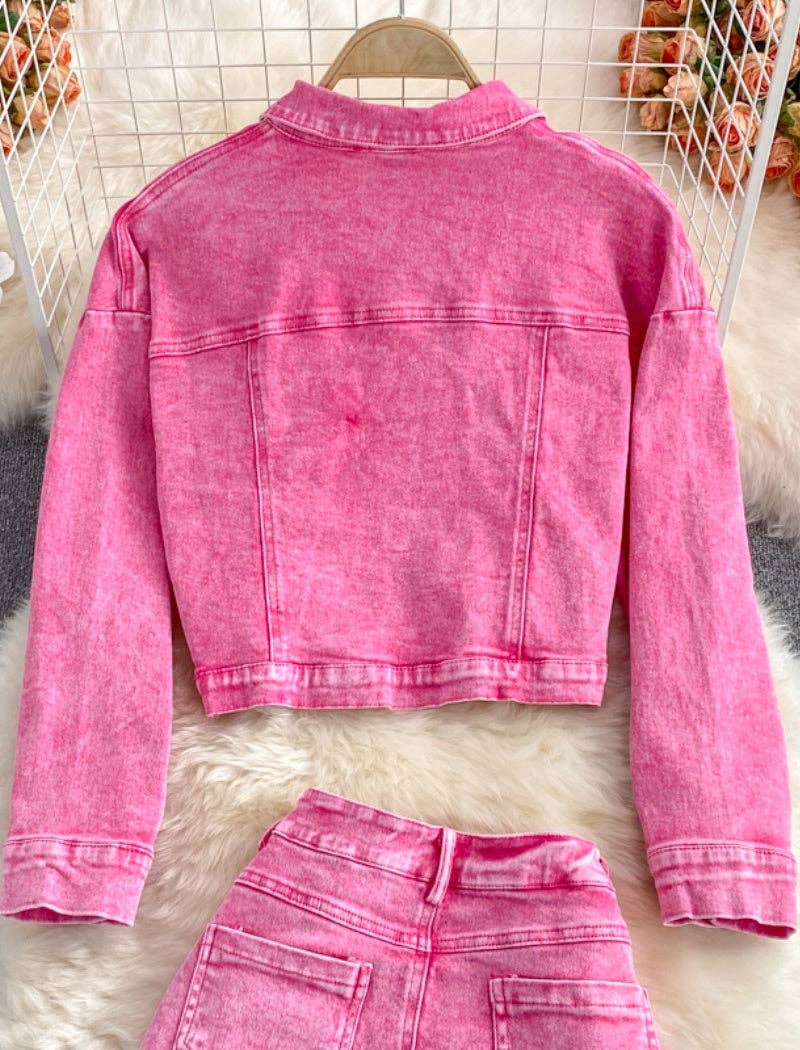 PINK Denim Cropped Jacket and Split-Hem Midi Skirt Set for wholesale on Faire4
