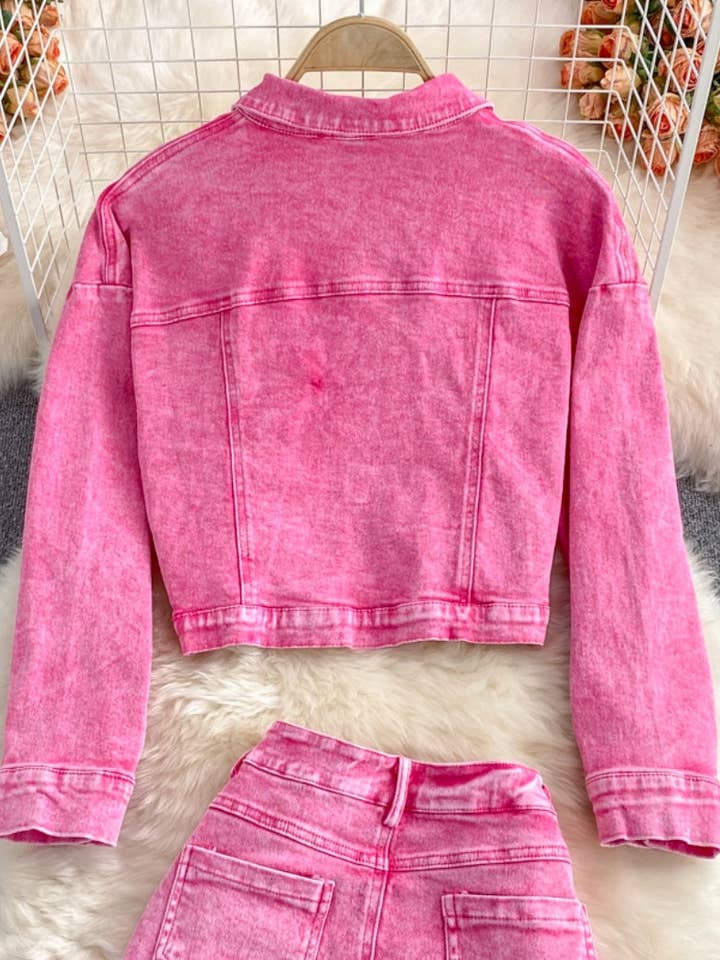 PINK Denim Cropped Jacket and Split-Hem Midi Skirt Set for wholesale on Faire4