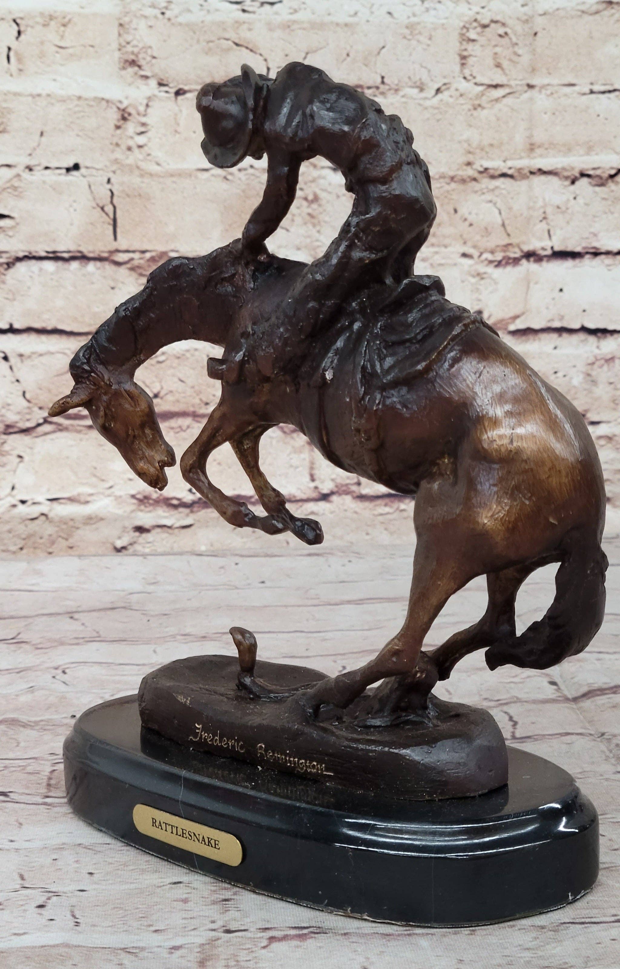 Bronzhaus - Wholesale Sculpture - RATTLESNAKE Frederic Remington Bronze on Marble Desktop Statue Sculpture 9" x 8"5