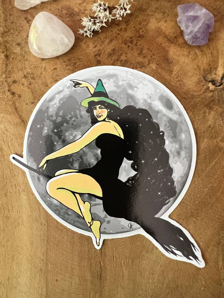 Moon Witch klistermærke i vandtæt skinnende vinyl for engroshandel hos Citrine Art Studio Shop