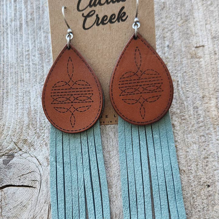 Cocklebur & Co. - Wholesale Dangle Earrings - "Rainy" Handmade Bootstitch Leather and Fringe Earrings1
