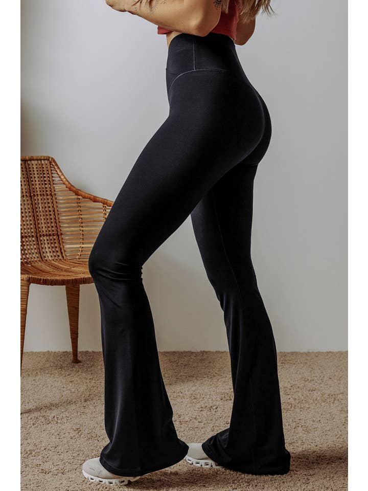 Black Solid V-Shape High Waist Flared Leggings for wholesale on Faire2