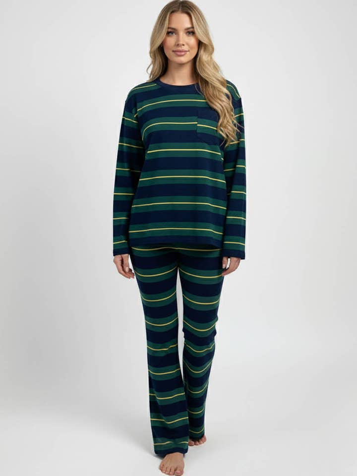 Green Ladies Striped Long Sleeves Flared Leg Top & Pants Set for wholesale on Faire1