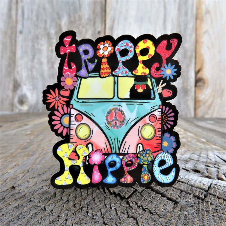 Adesivo Trippy Hippie Van Peace con scritta «Flower Power» dai colori vivaci, stile retrò, impermeabile, bottiglia d'acqua per auto e laptop per la vendita all'ingrosso da parte di Kirk's Krafts