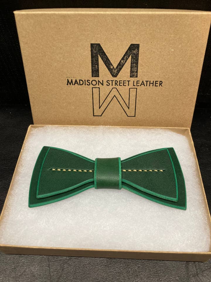 Irish Green Leather Bowtie for wholesale by Madison Street Leather