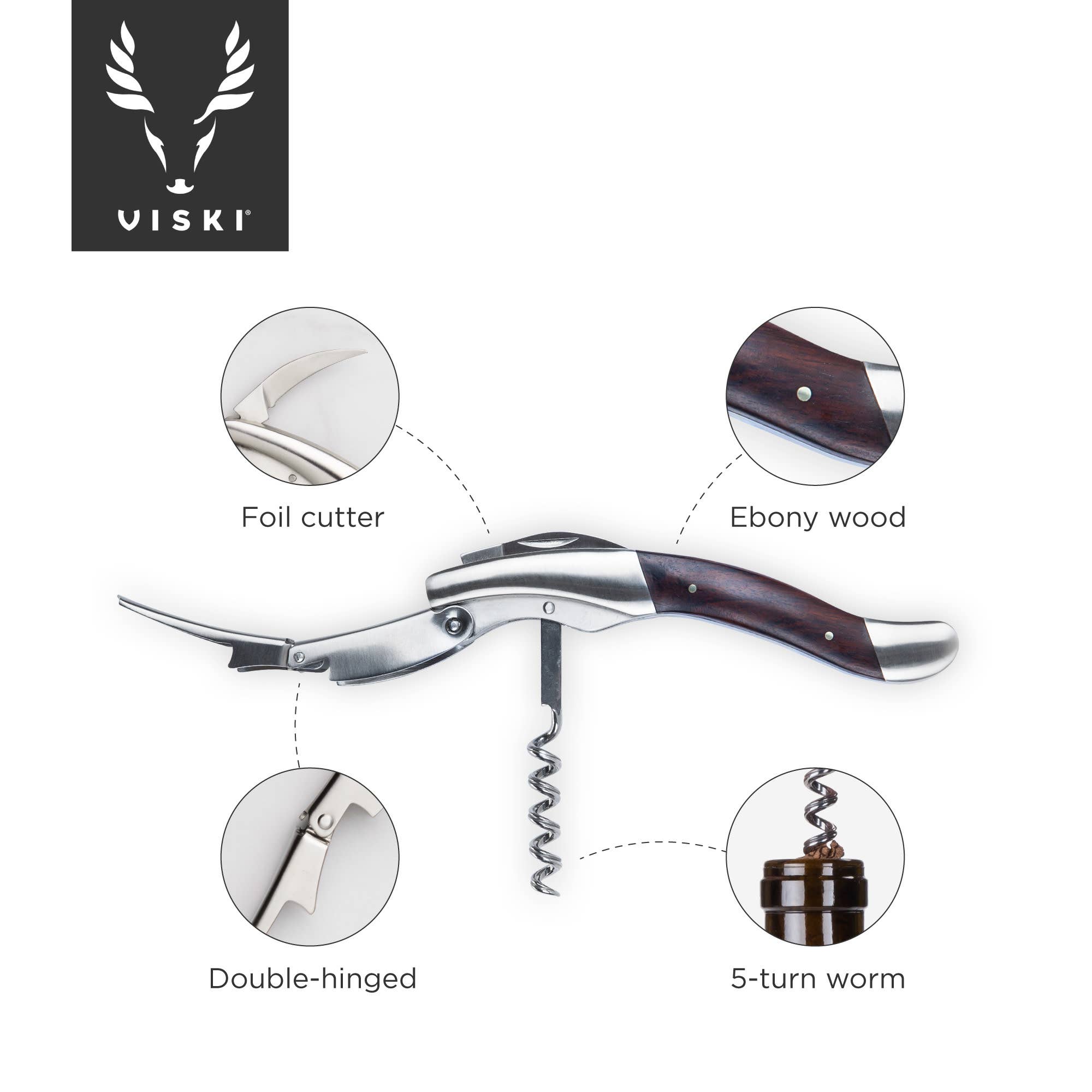 Viski - Wholesale Bottle/Wine Opener - Admiral™ Ebony Wood Heavyweight Corkscrew6