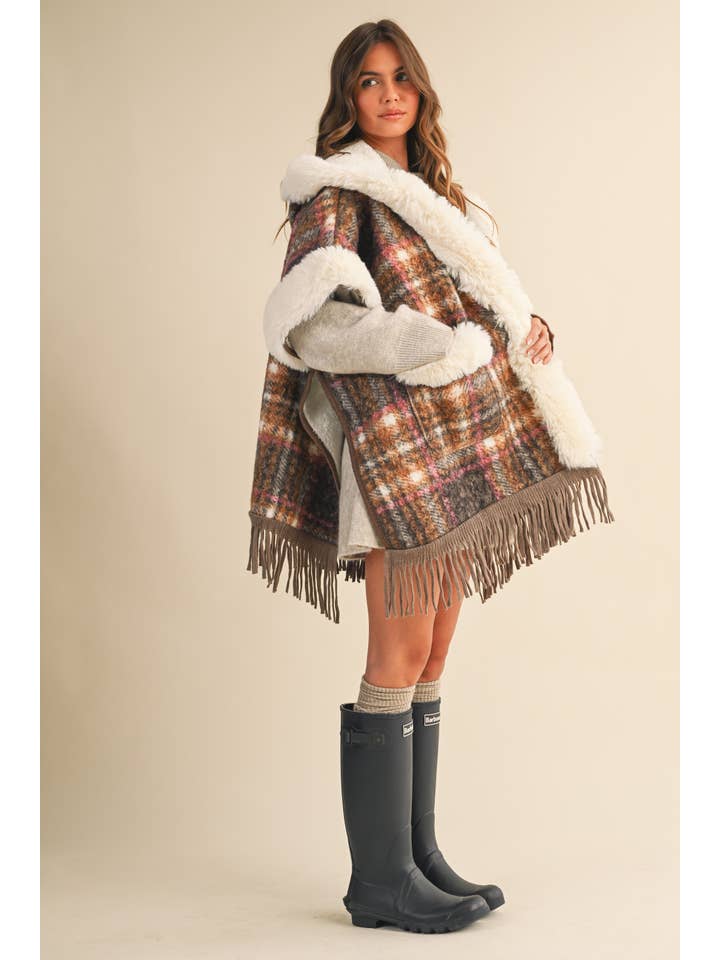 BROWN COMBO IJ1664 PLAID FRINGED FAUX FUR TRIM OVERSIZED CAPE COAT for wholesale on Faire6