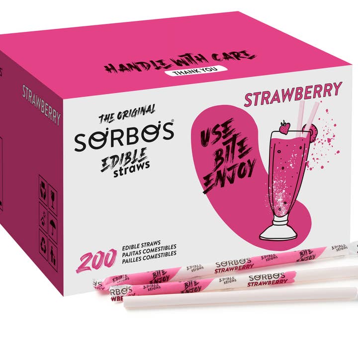 SORBOS Edible Straws – Großhandel Trinkhalm – SORBOS Essbare Strohhalme mit Erdbeergeschmack — Packung mit 200