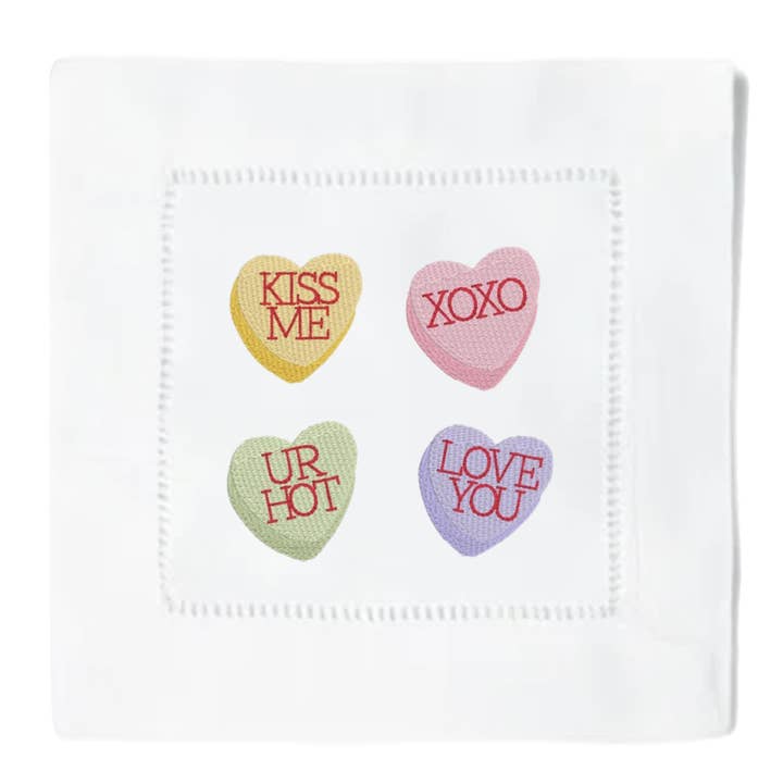 Candy Hearts Cocktail Napkins for wholesale by Blythe Embroidery Co.