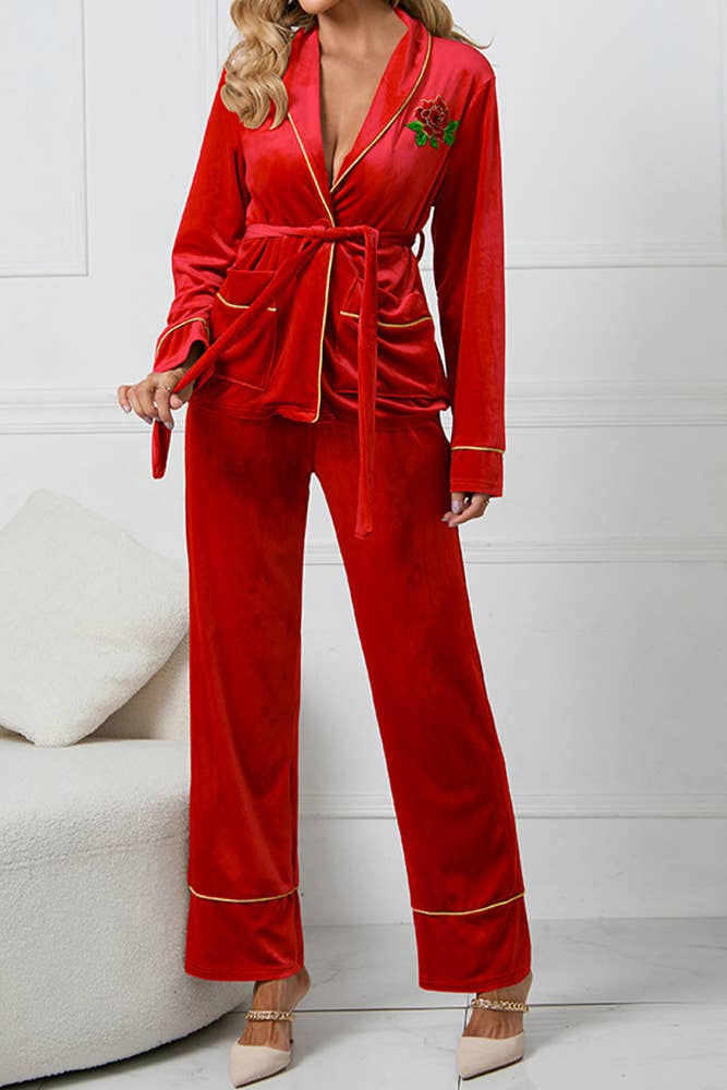 UNISHE - Vente Haut et bas de pyjama – femme - Ensemble de pyjama en velours brodé rose HYG04113