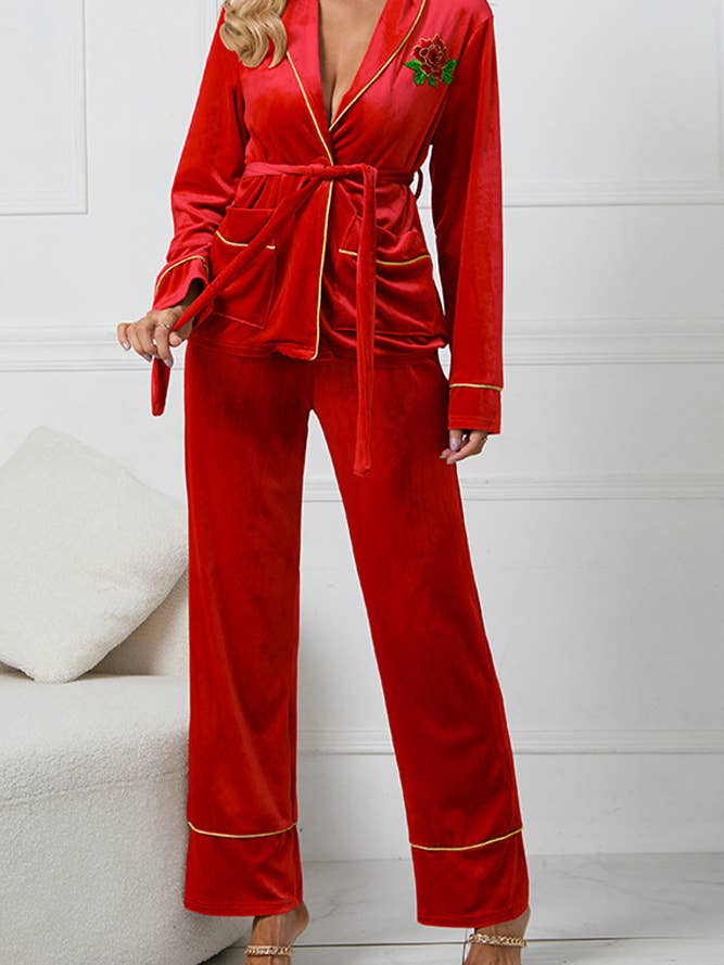 UNISHE - Vente Haut et bas de pyjama – femme - Ensemble de pyjama en velours brodé rose HYG04113