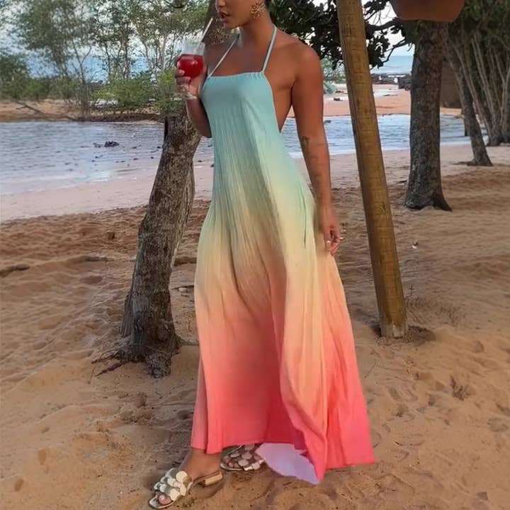 Multi Backless Halter Tie-Dye Gradient Loose Dress JRM118 for wholesale on Faire