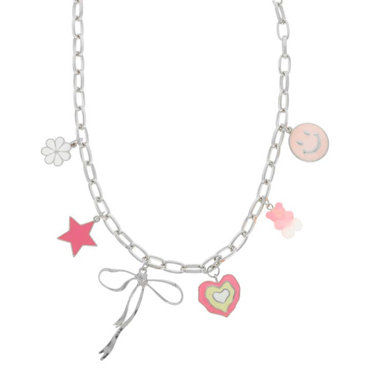 SP Sophia Collection - Wholesale Pendant/Charm Necklace - Pink Theme Enamel Multi-Charm Necklace