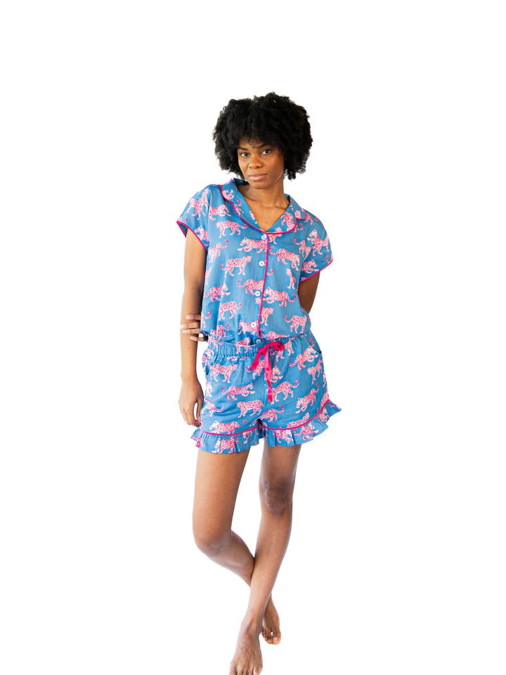 Pink Leopards Luxe Ruffled Pajama Summer Set - Blue & Pink for wholesale on Faire3
