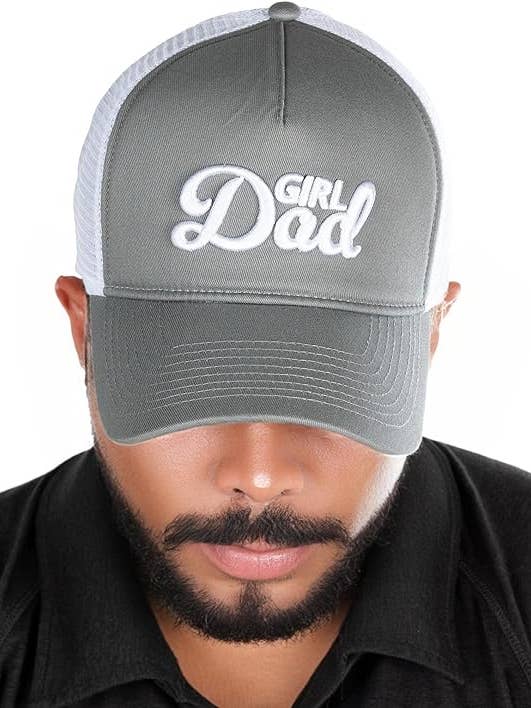 5 Panel 3D Embroidery Trucker Hat: Girl Dad (Grey) for wholesale by Funky Junque