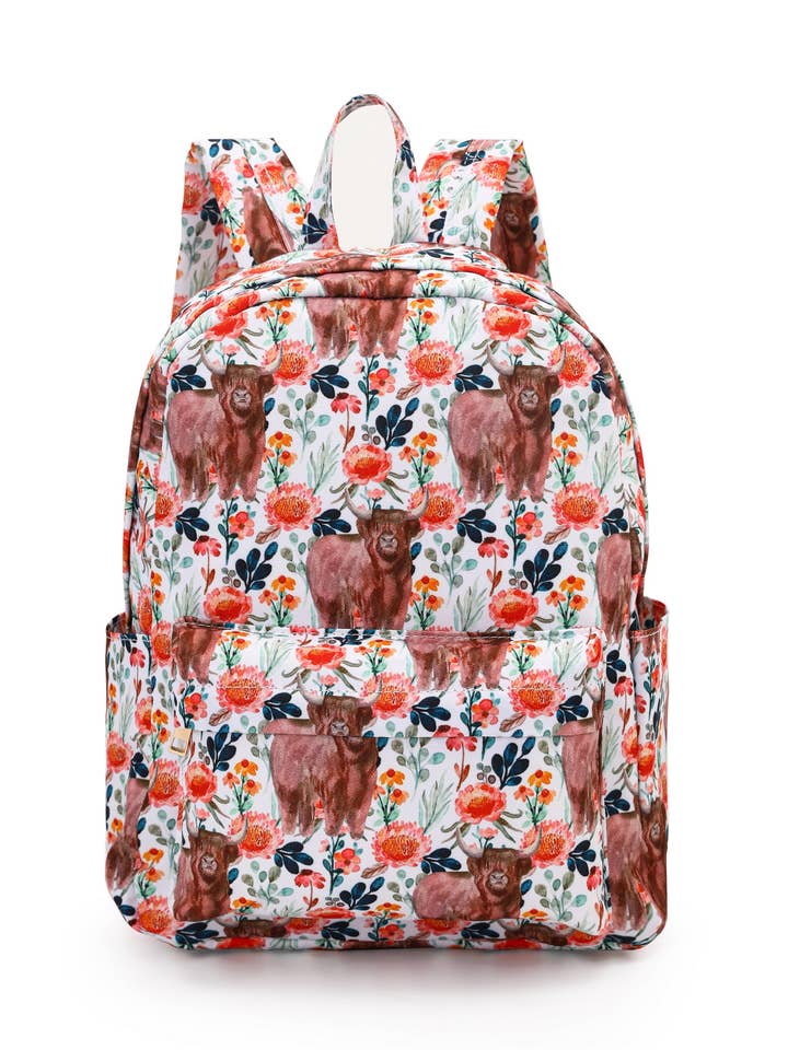 Orange Floral Highland Cow Western Girls Backpack for wholesale by sassy kids palace