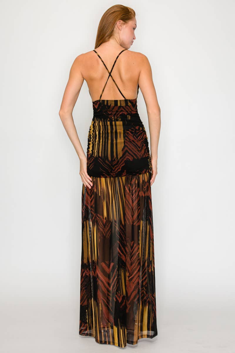 BLACK MUSTARD KD9865-PRINT MESH MAXI DRESS for wholesale on Faire9