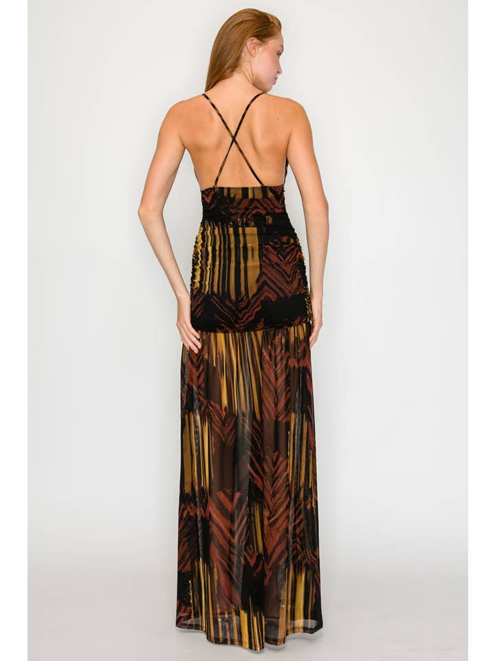 BLACK MUSTARD KD9865-PRINT MESH MAXI DRESS for wholesale on Faire9