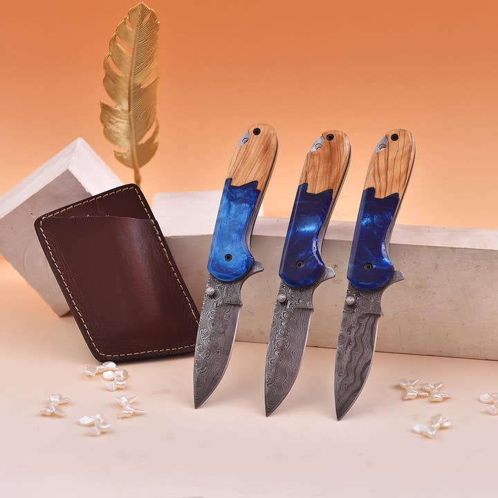 FH KNIVES - Wholesale Pocket Knife/Holder - 7.0' Damascus Sea Shore themed folding knife, Pocket Knife  2