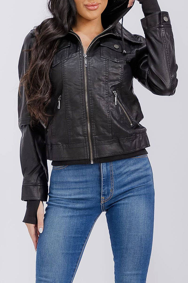 ROUSSEAU - Venta al por mayor Chaqueta de cuero - Mujer - CHAQUETA CON CREMALLERA, BOLSILLOS, CAPUCHA DESMONTABLE Y POLIPIEL PU2