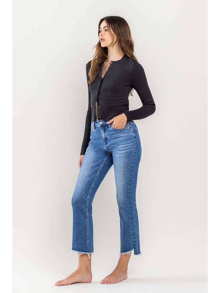 ENCOURAGINGLY HIGH RISE RAW STEP HEM KICK FLARE JEANS T5910 for wholesale on Faire