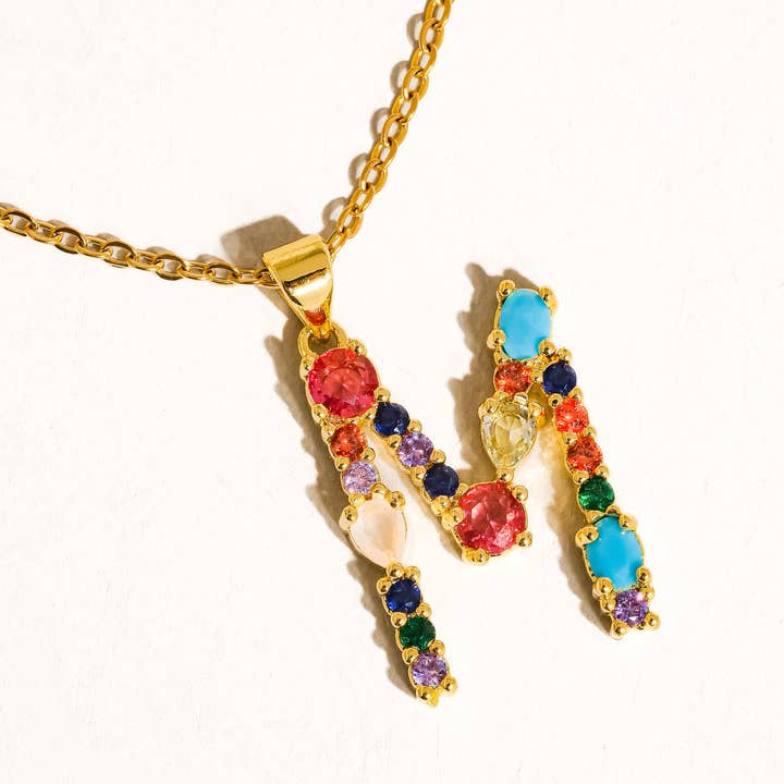 Multi Colored Salomé 18K Gold Non-Tarnish Colorful CZ Initial Necklace for wholesale on Faire1