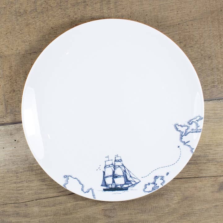 Maritime porcelain plate sailing ship, flat for wholesale by Bow & Hummingbird