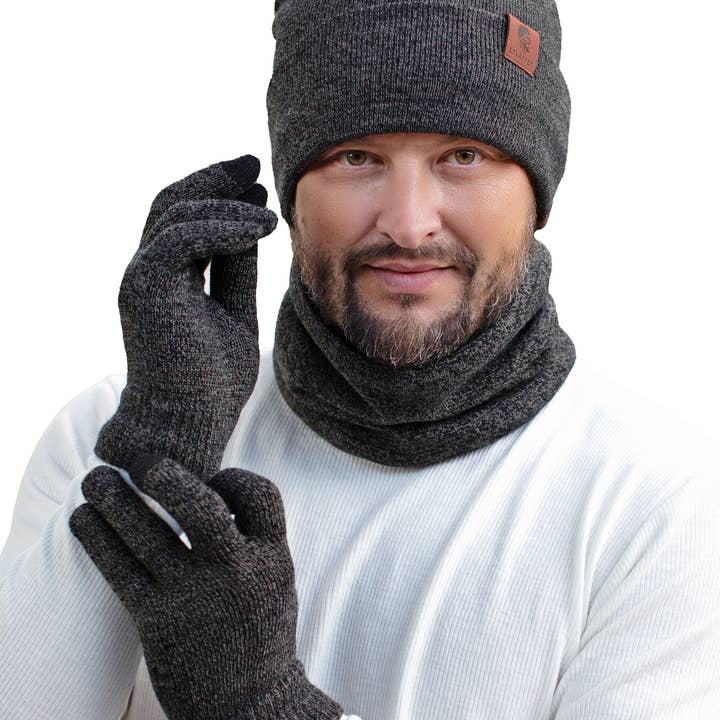 Lelaffet - Wholesale Winter Accessory Set - Men's - Winter Beanie Hat Scarf Touchscreen Gloves Set for Men