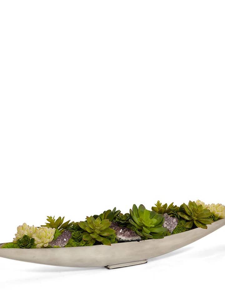 Succulents and Amethyst in Silver Boat for wholesale by T&C Floral Company
