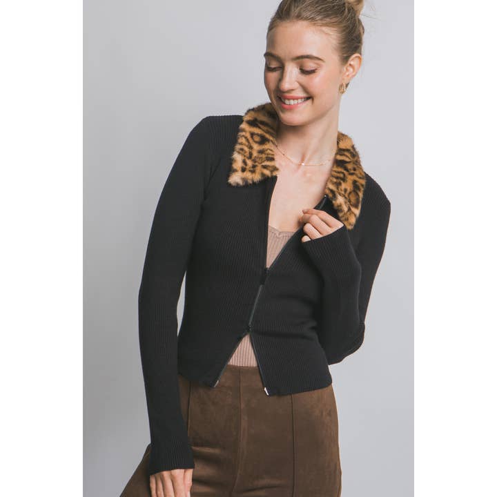 Leopard Fur Collar Double-Zip Cardigan for wholesale by HiteJeans