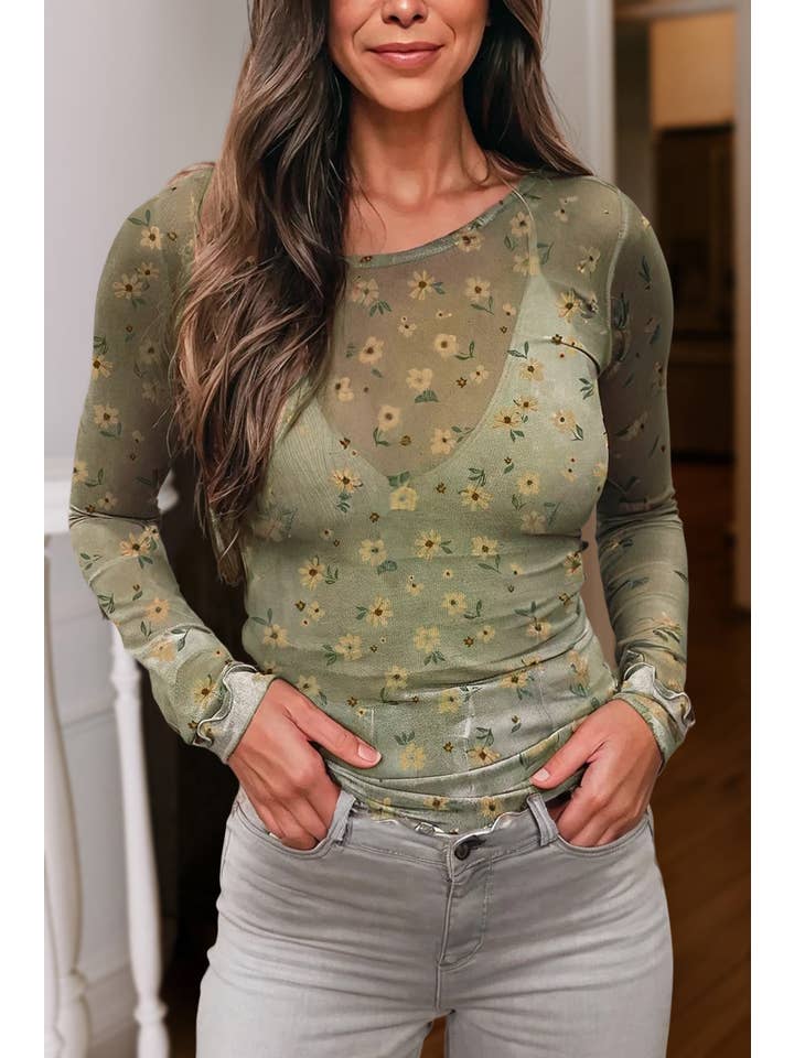 Aapparella - Wholesale Blouse - Women's - Vintage Floral Print Mesh Long Sleeve Top | S-XL11