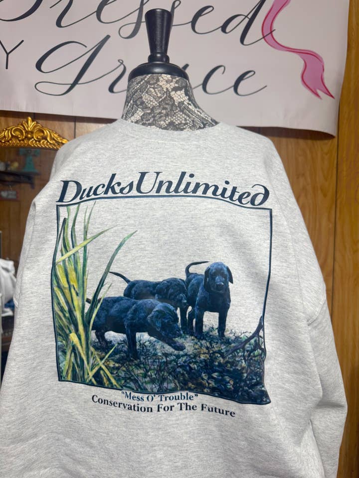 “Mess O’ Trouble” Ducks Unlimited Crewneck for wholesale by Dressed By Grace