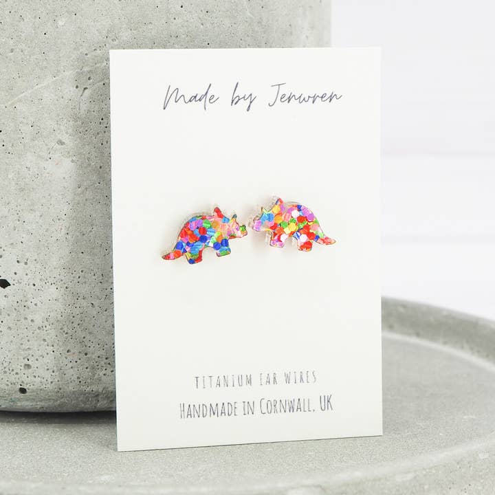 Mixed glitter Triceratops studs for wholesale by MadebyJenWren
