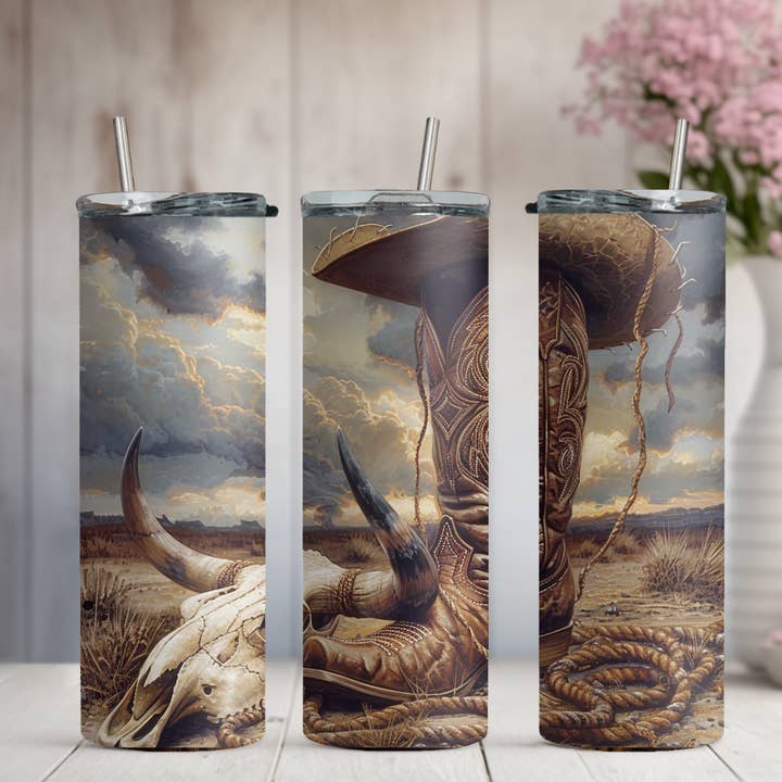 Cowboy Boots and Cow Skull Western 20oz/30oz Skinny Tumbler for wholesale by Honey Jar Creations