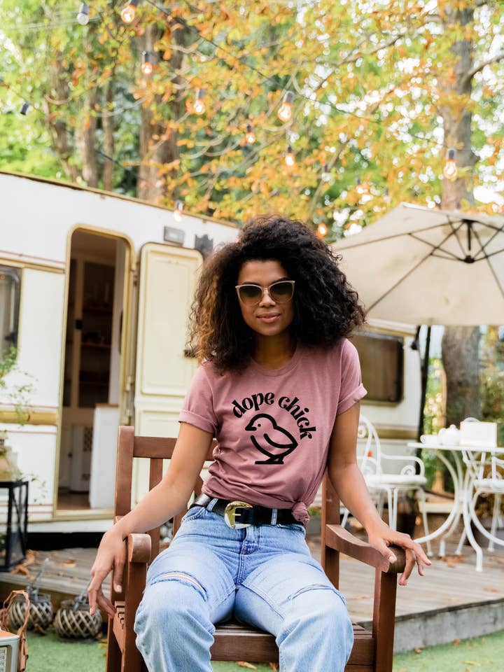 Dope Chick on Vintage Rose Pink Eco-Friendly Tee for wholesale by Wild Harmony Apparel