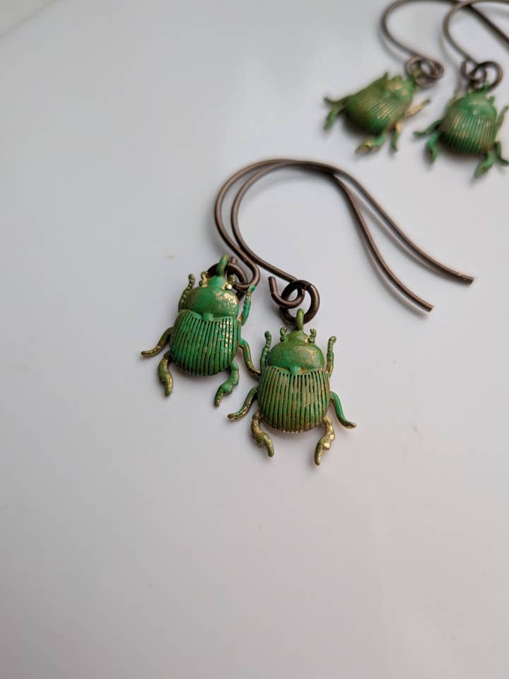 Green Beetle Earrings, Nature Jewelry, Entomology Earrings for wholesale by KateeMarie