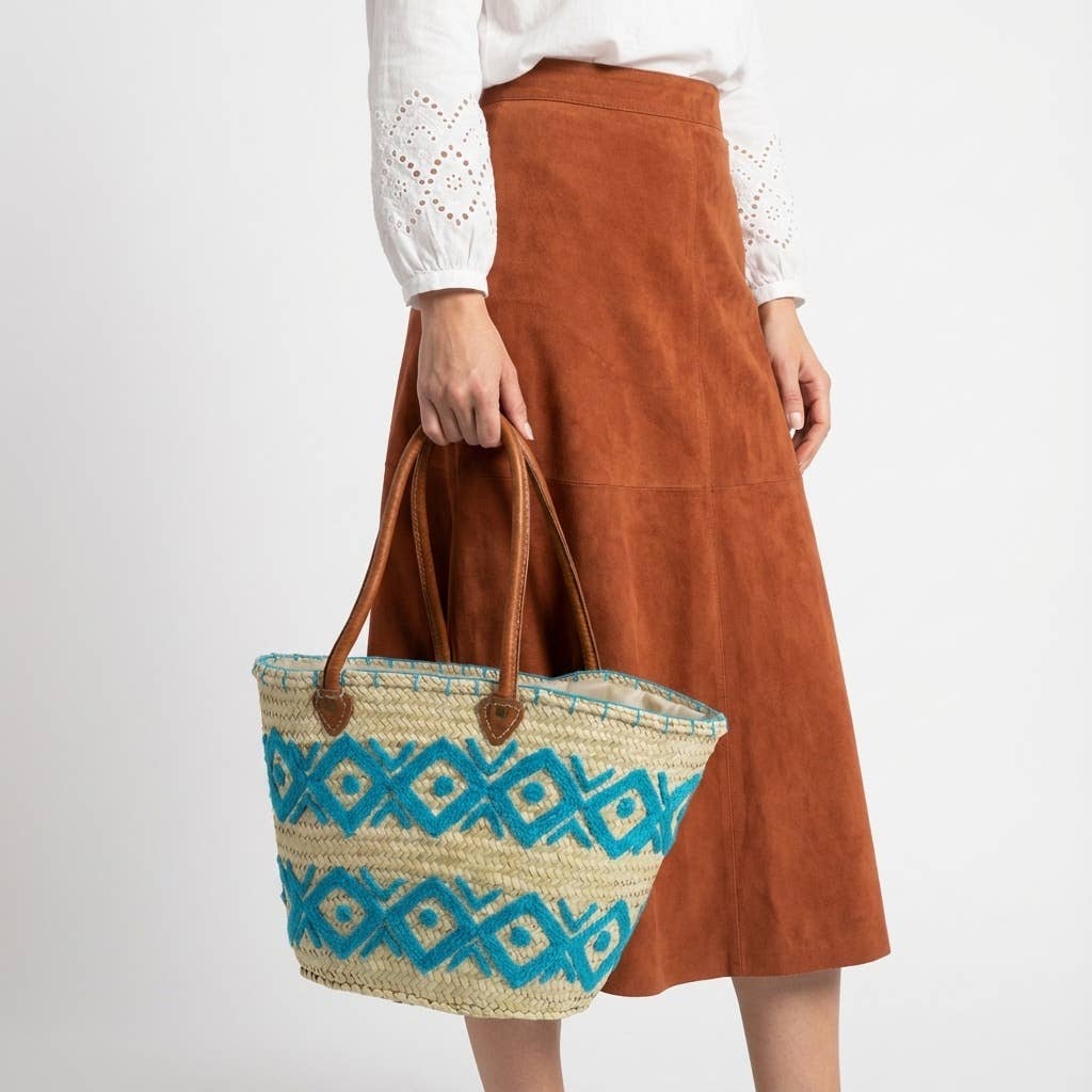 Melecraft - Vente Paniers - Cabas de marché en paille brodé d'arabesques avec poignées en cuir15