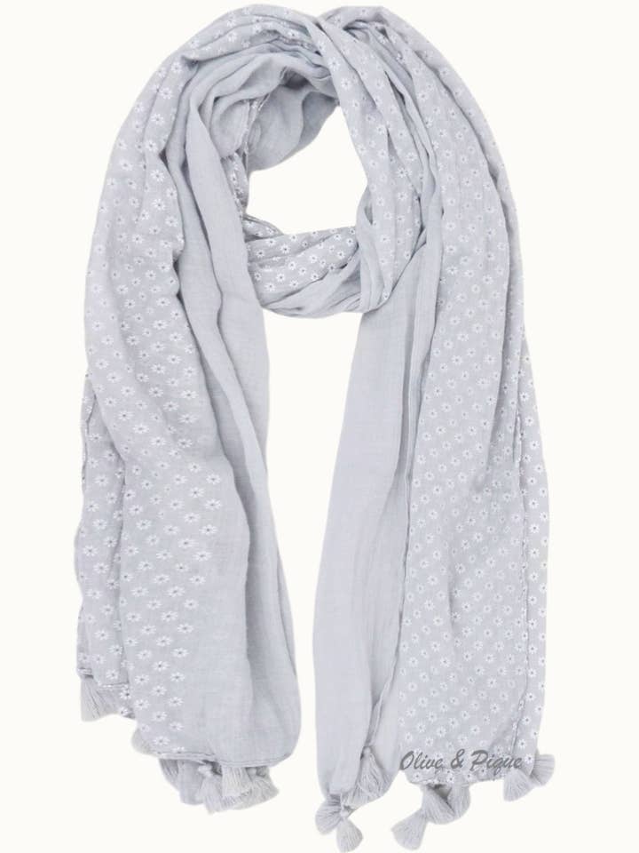Daisy Tassle Oblong Scarf, 80" x 29", Gray for wholesale by Olive & Pique
