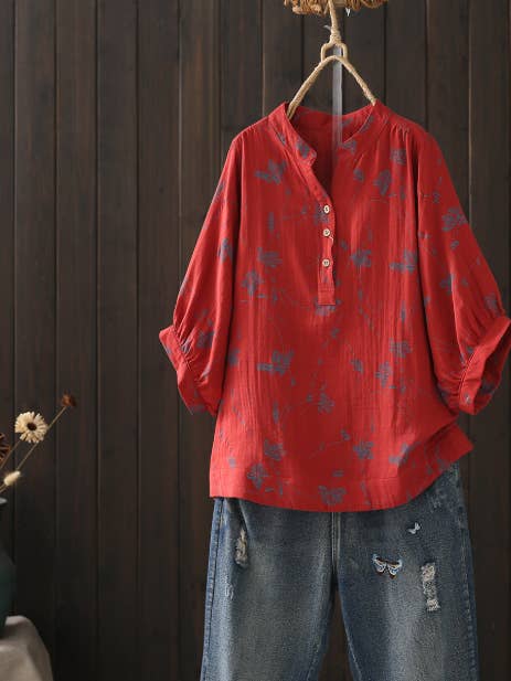 Whisper Mint - Wholesale Blouse - Women's - Women's V-Neck Printed Cotton Gauze Blouse