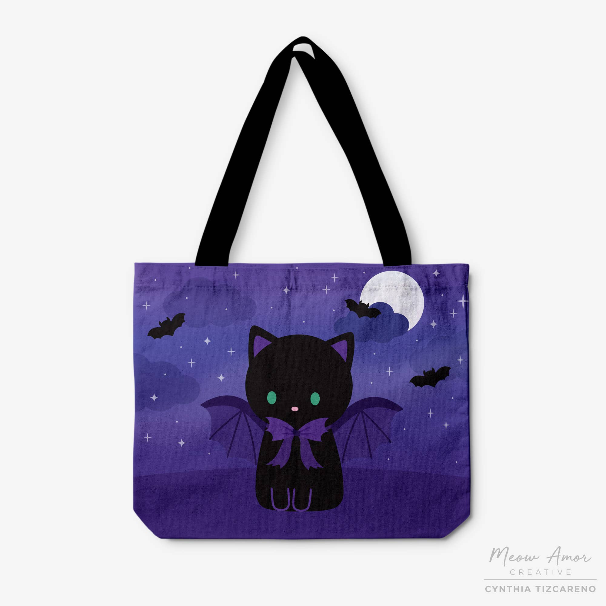 Meow Amor Creative - Vente Tote bag – femme - Sac fourre-tout en toile à fermeture éclair Bat Cat0