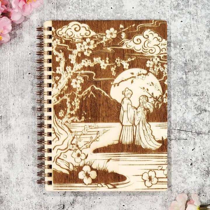 Moonlight Lovers Engraved Wooden Cover 5x7 Sketchbook for wholesale by Muijistudio
