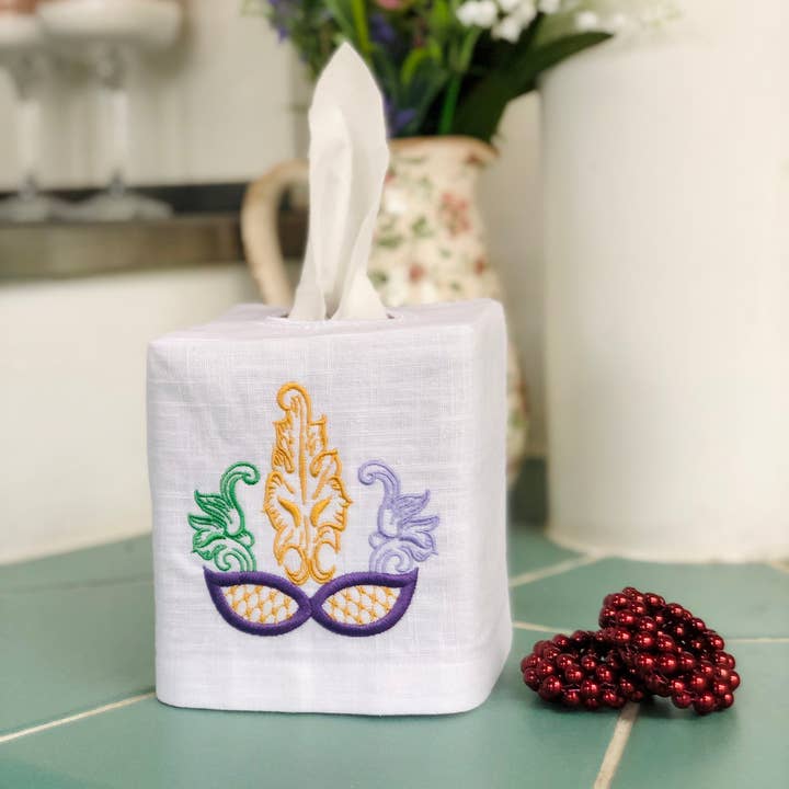 Mardi Gras Fleur De Lis Embroidered Linen Tissue Box Cover for wholesale by Belle Linen