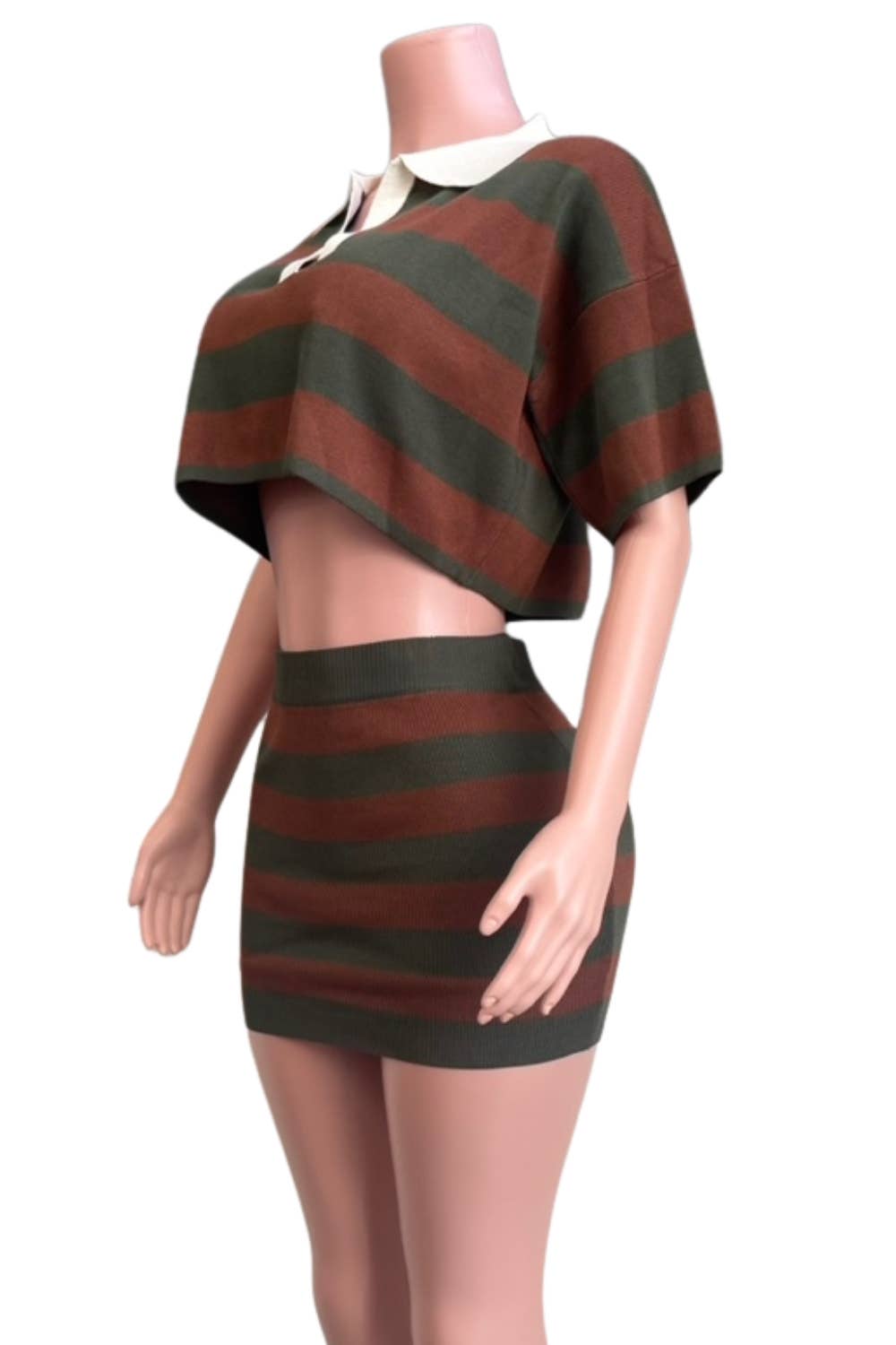 NEWGENS - Wholesale Activewear Set - Women's - NC2121A Striped Knit Polo Crop Top & Skirt Set2