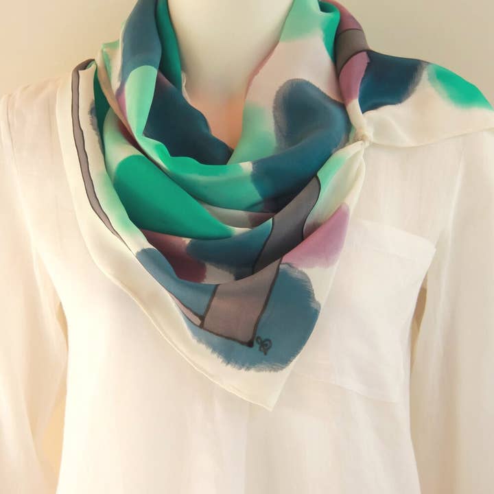 Blueberry Mint Sorbet Hand-Painted Silk Scarf for wholesale on Faire