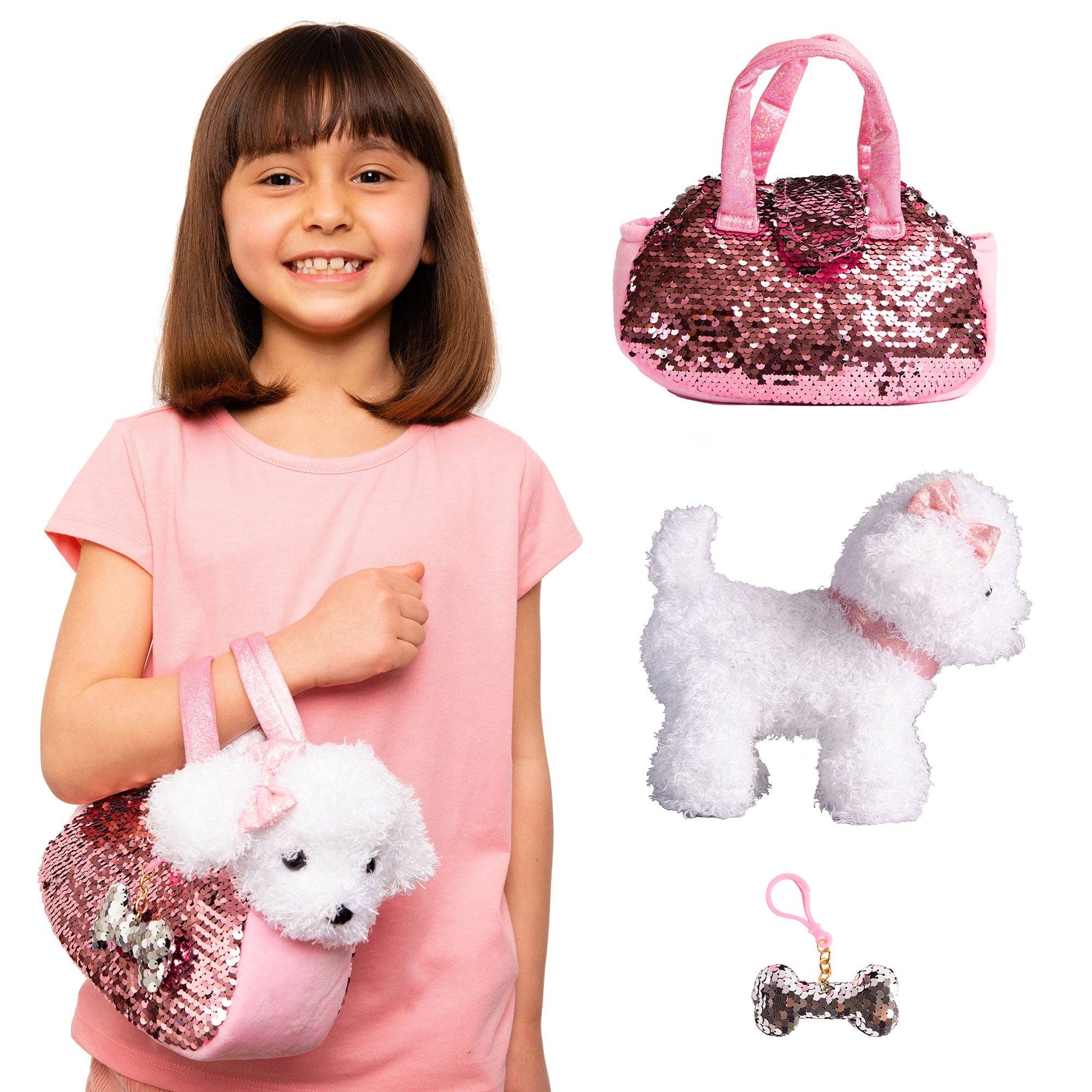 AYK Brand - Wholesale Stuffed/Plush Toy - Kids & Baby - Little Jupiter Pet Plush Set with Bag - White/Pink Labradoodle Dog1