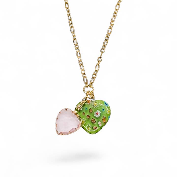 Millefiori Glass Heart Necklace-Green/Pink for wholesale by Idlewild Everyday