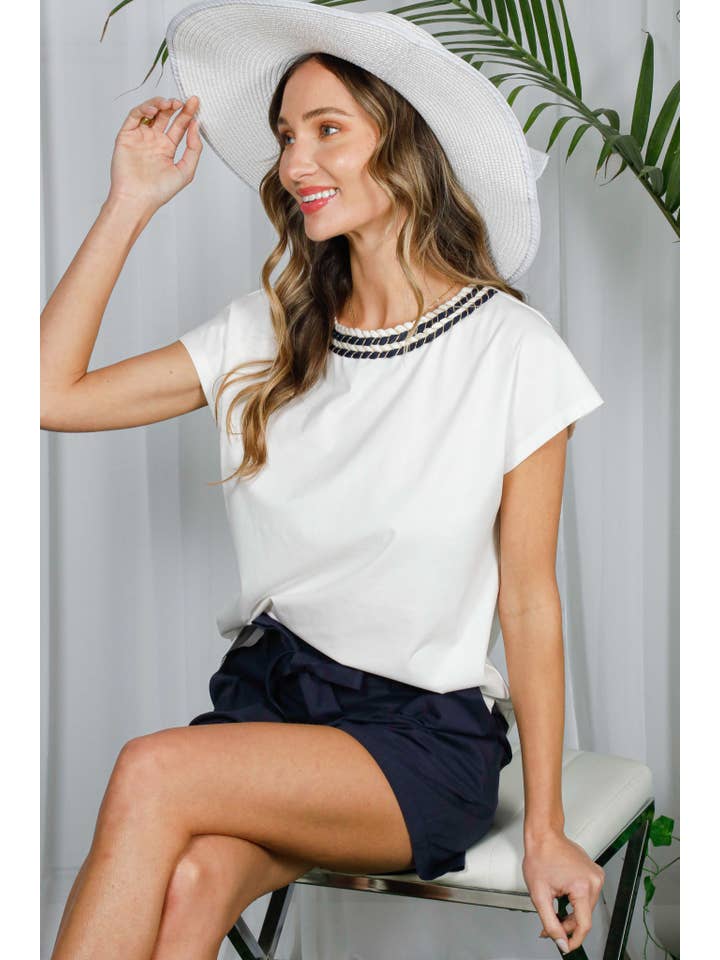 Vine & Love - Wholesale Knit Top - Women's - Braid Trim Round Neck Cotton Knit Top VT82394