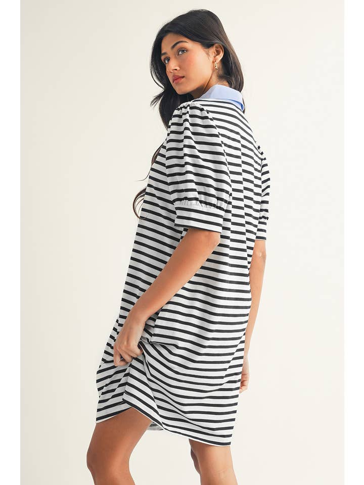 Black LDC Stripe Contrast V Neck Collared T Shirt Mini Dress for wholesale on Faire