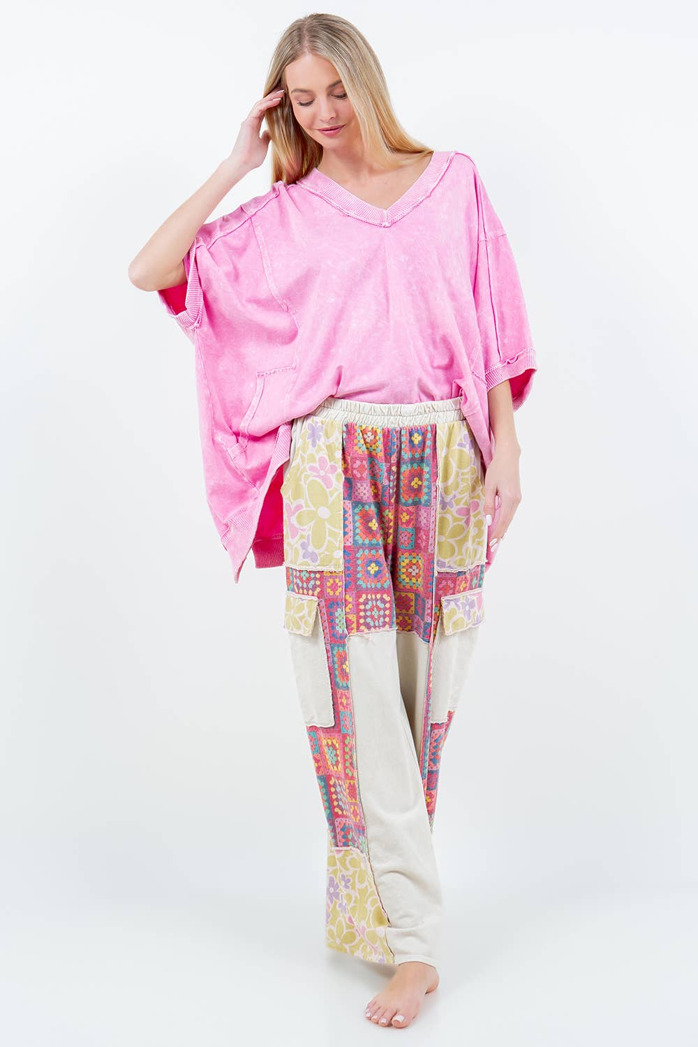 J.Her - Wholesale Pants - Women's - MineralWash Boho Crochet Floral Printed Pants HP57582